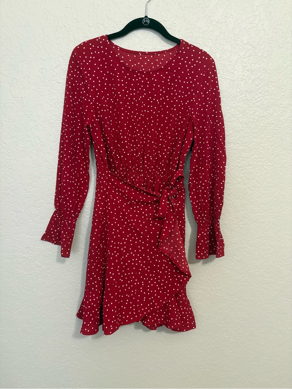 Women’s Wine Red Polka Dot Ruffle Wrap Mini Dress Long Sleeve